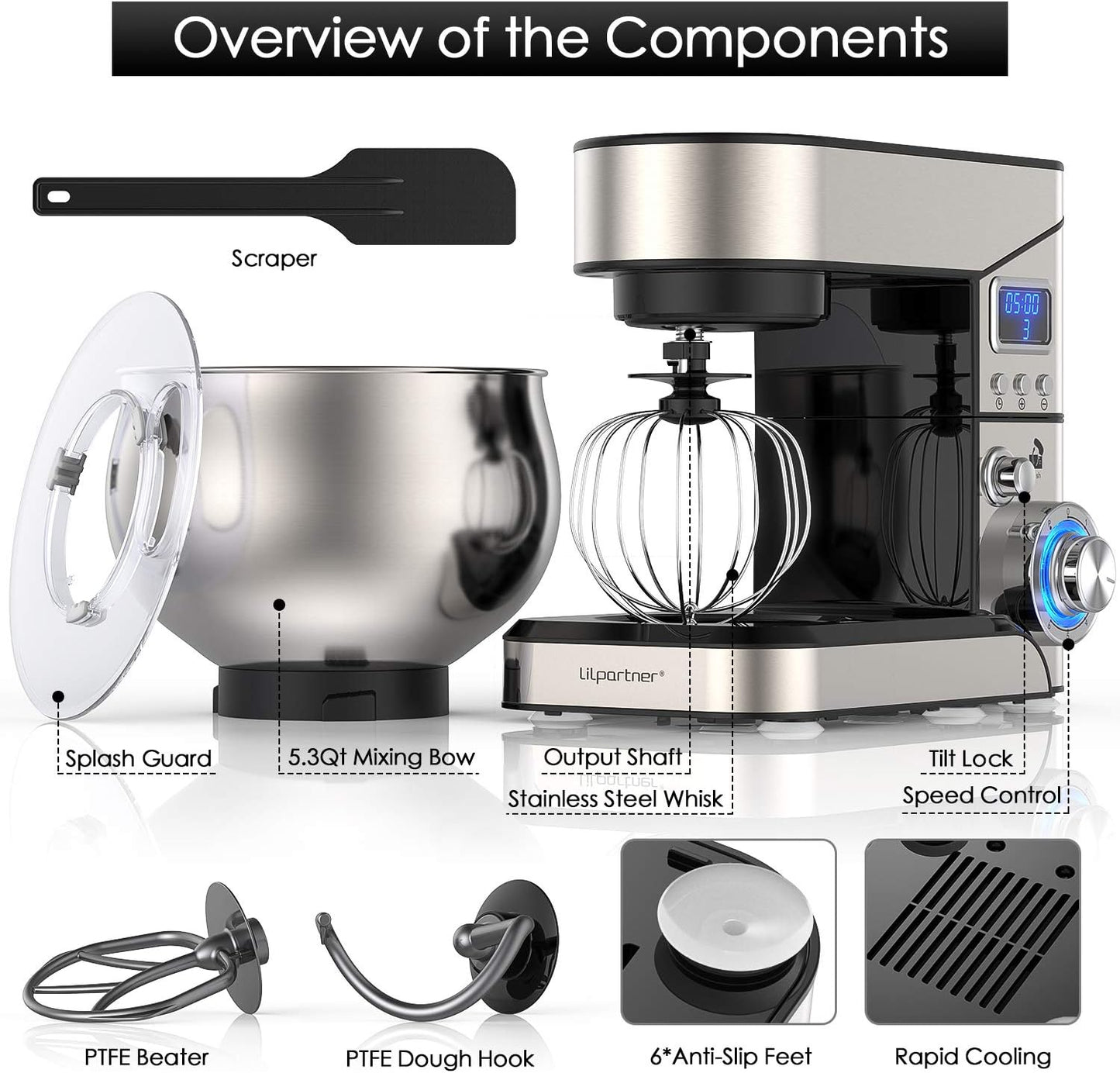 Stand Mixer, Stainless Steel Mixer 5.3-QT LCD