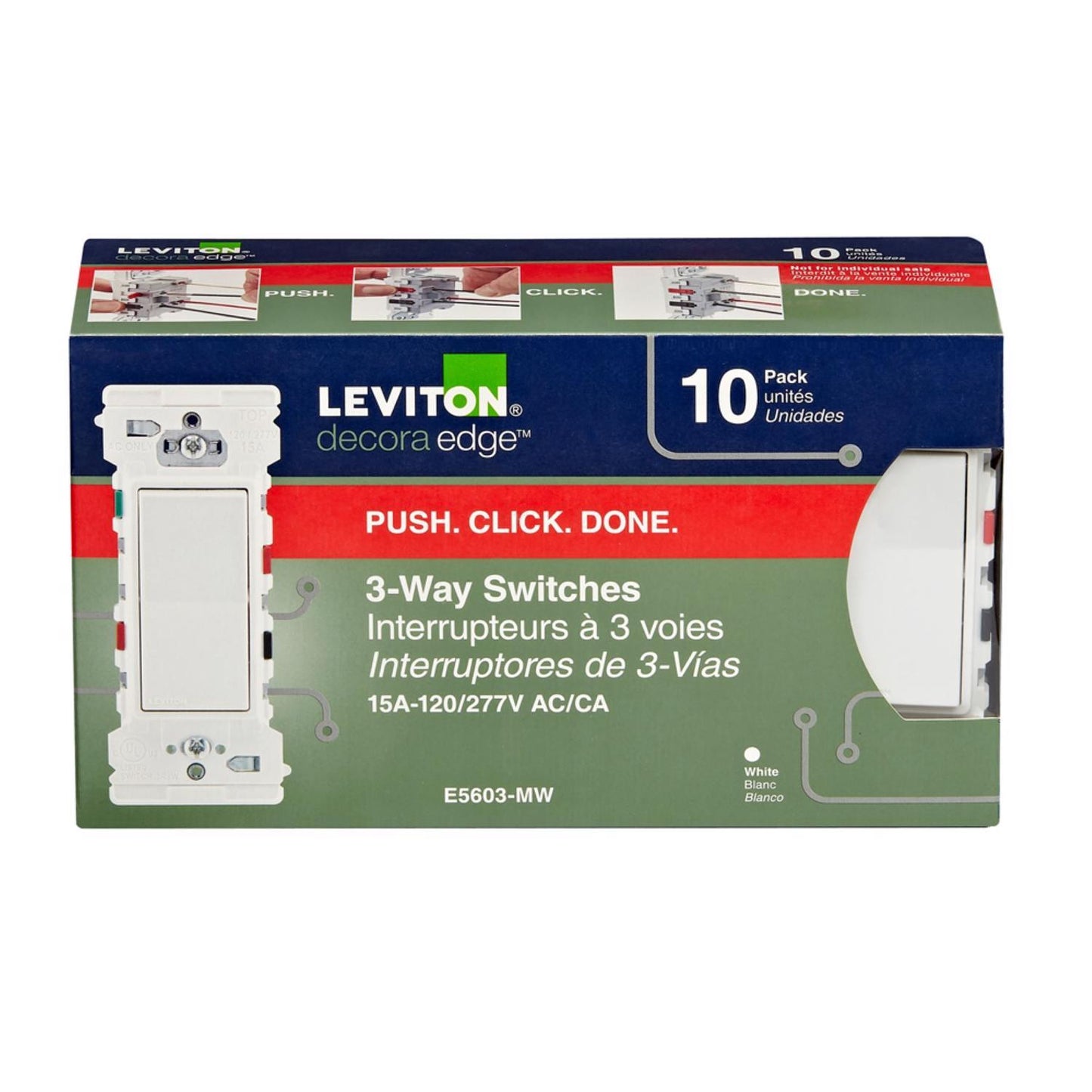 Leviton Decora Edge 15A 3-Way White 10pk