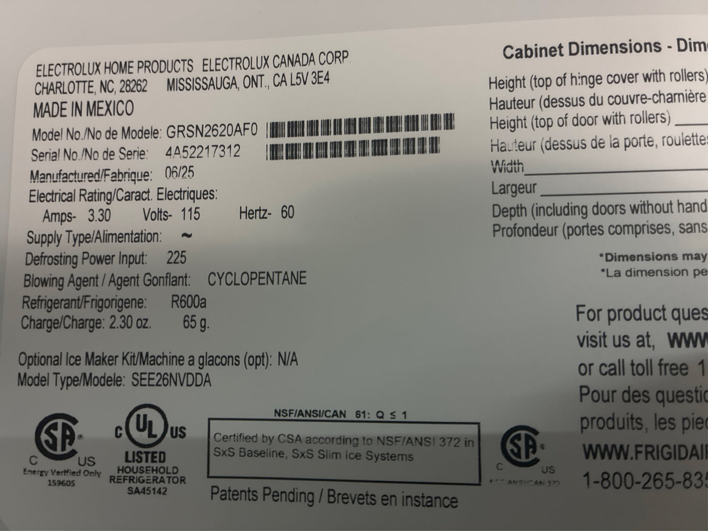 Frigidaire Gallery 36 26 cu-ft., Side-by-Side Refrigerator