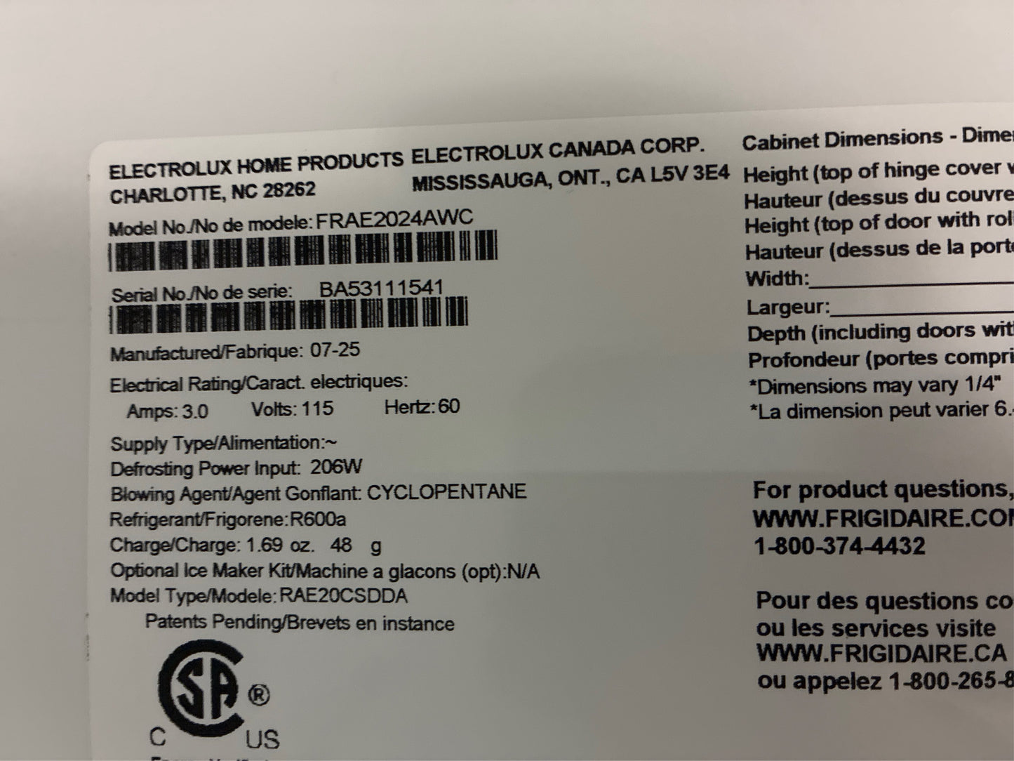 Frigidaire 33 in. 20 cu. ft. Freezerless Refrigerator , White