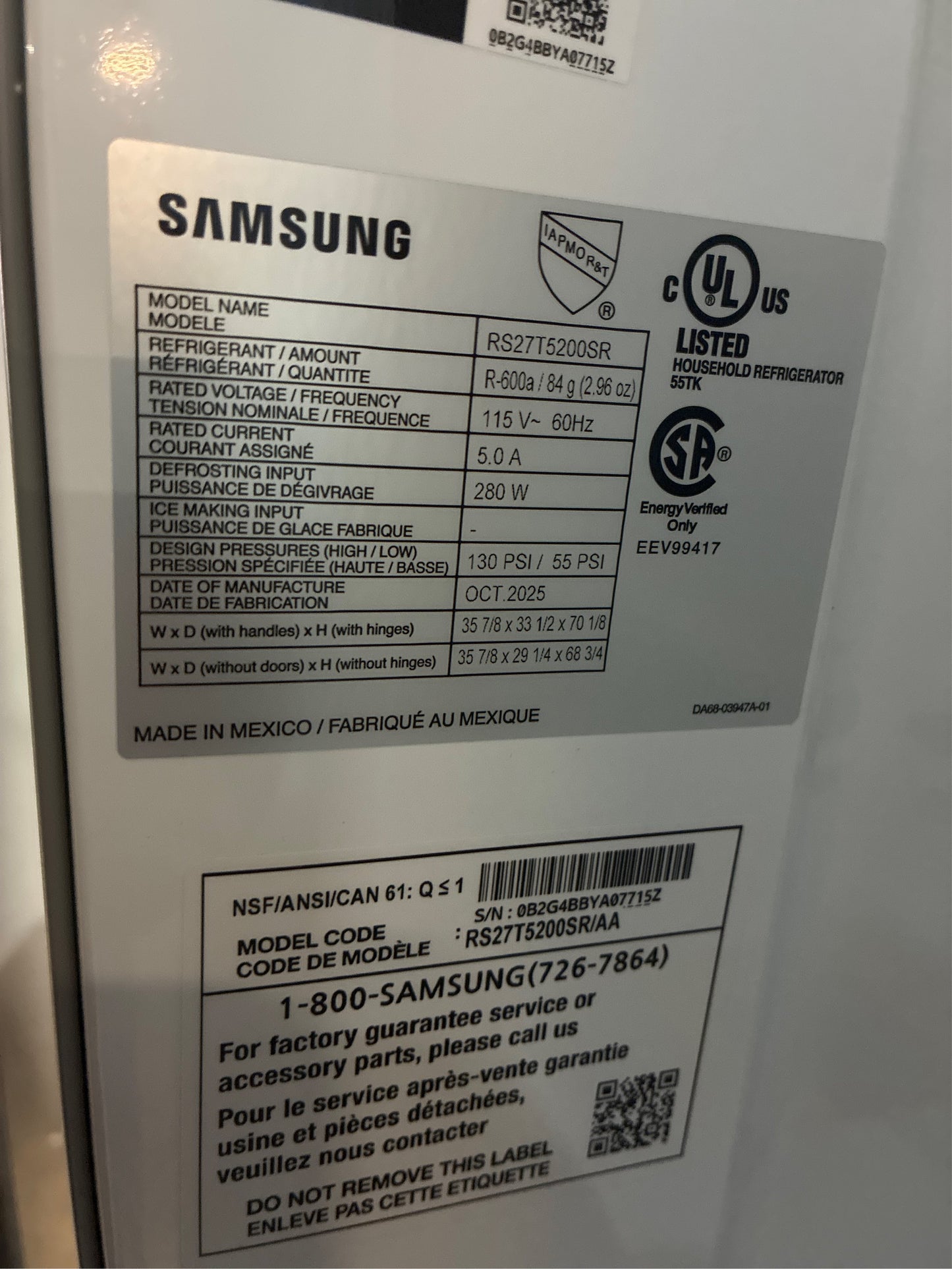 Samsung 36 Side-by-Side Refrigerator, 27.4 cu.ft.