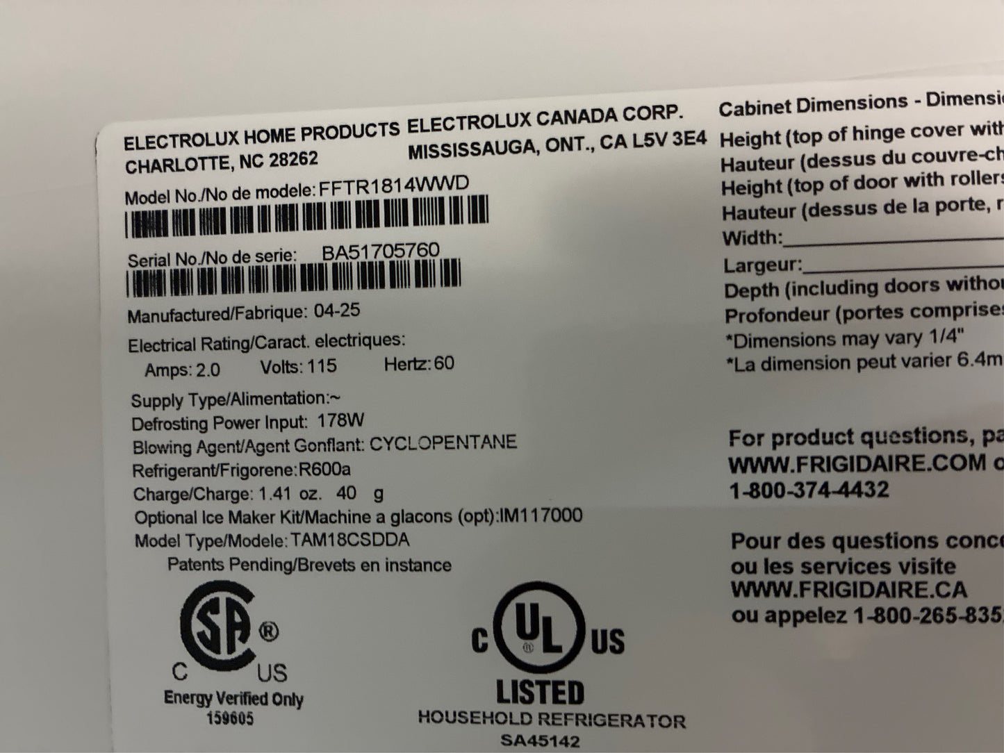 Frigidaire 18.2 cuft Top Freezer Refrigerator in White