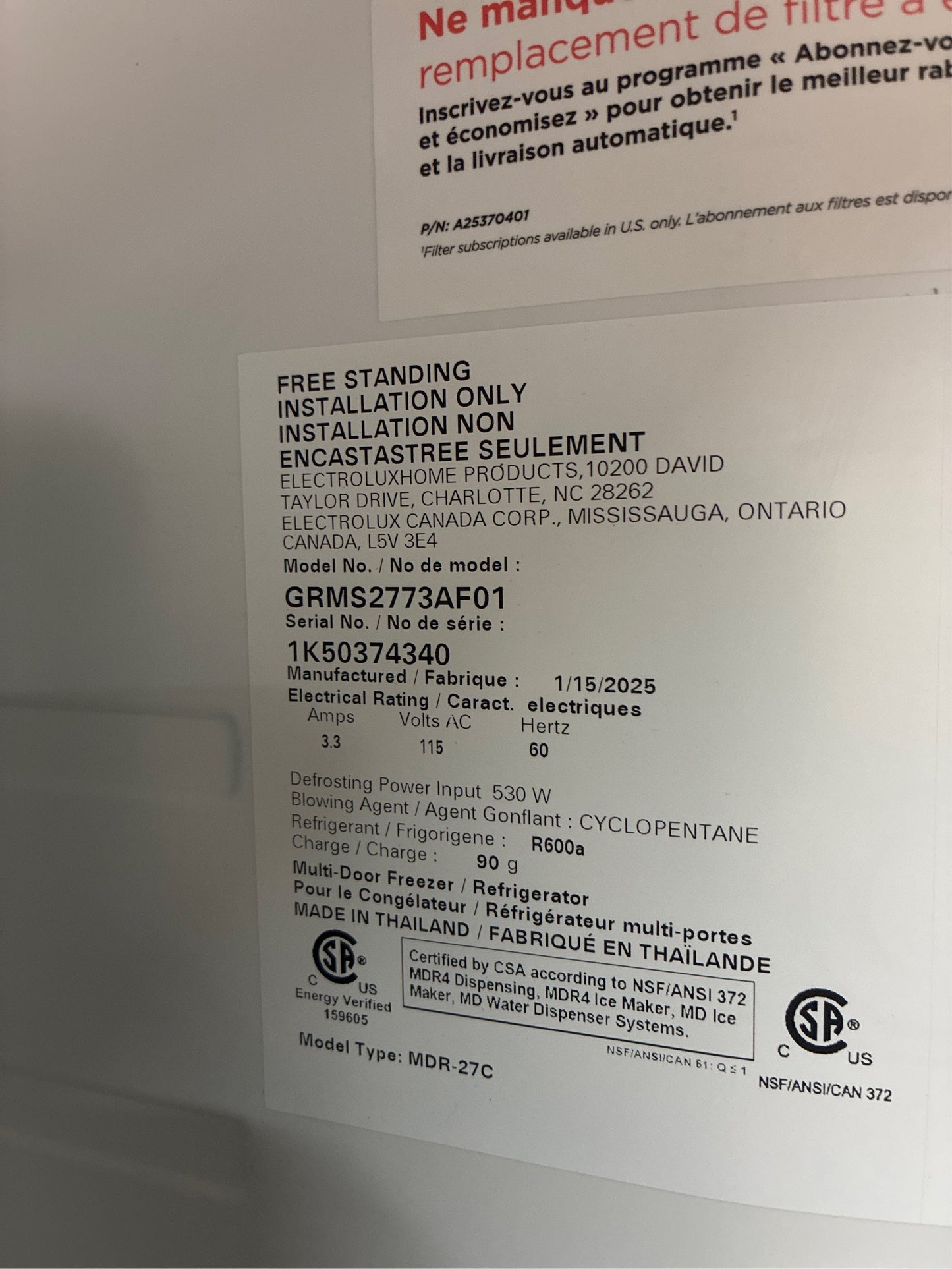 Frigidaire Gallery 36" 26.3 cu ft 4 Door French Door Refrigerator