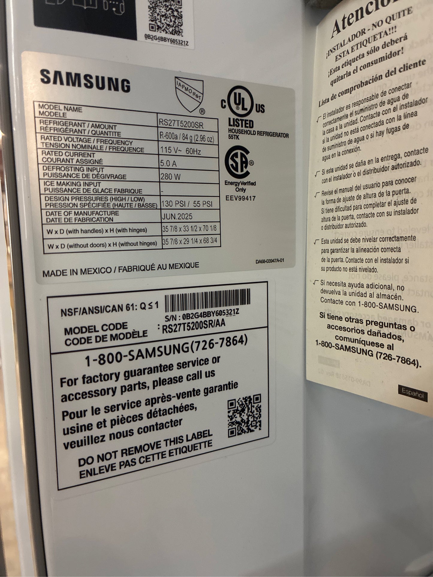 Samsung 36" Side-by-Side Refrigerator, 27.4 cu ft