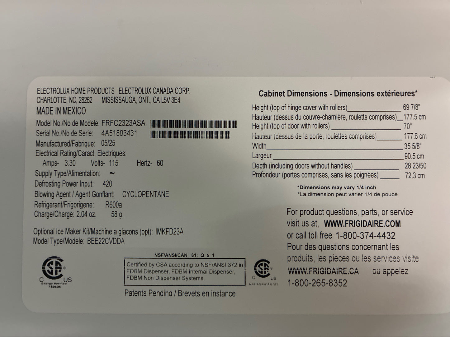 Frigidaire 22.6 cu. ft. French Door Refrigerator, SS