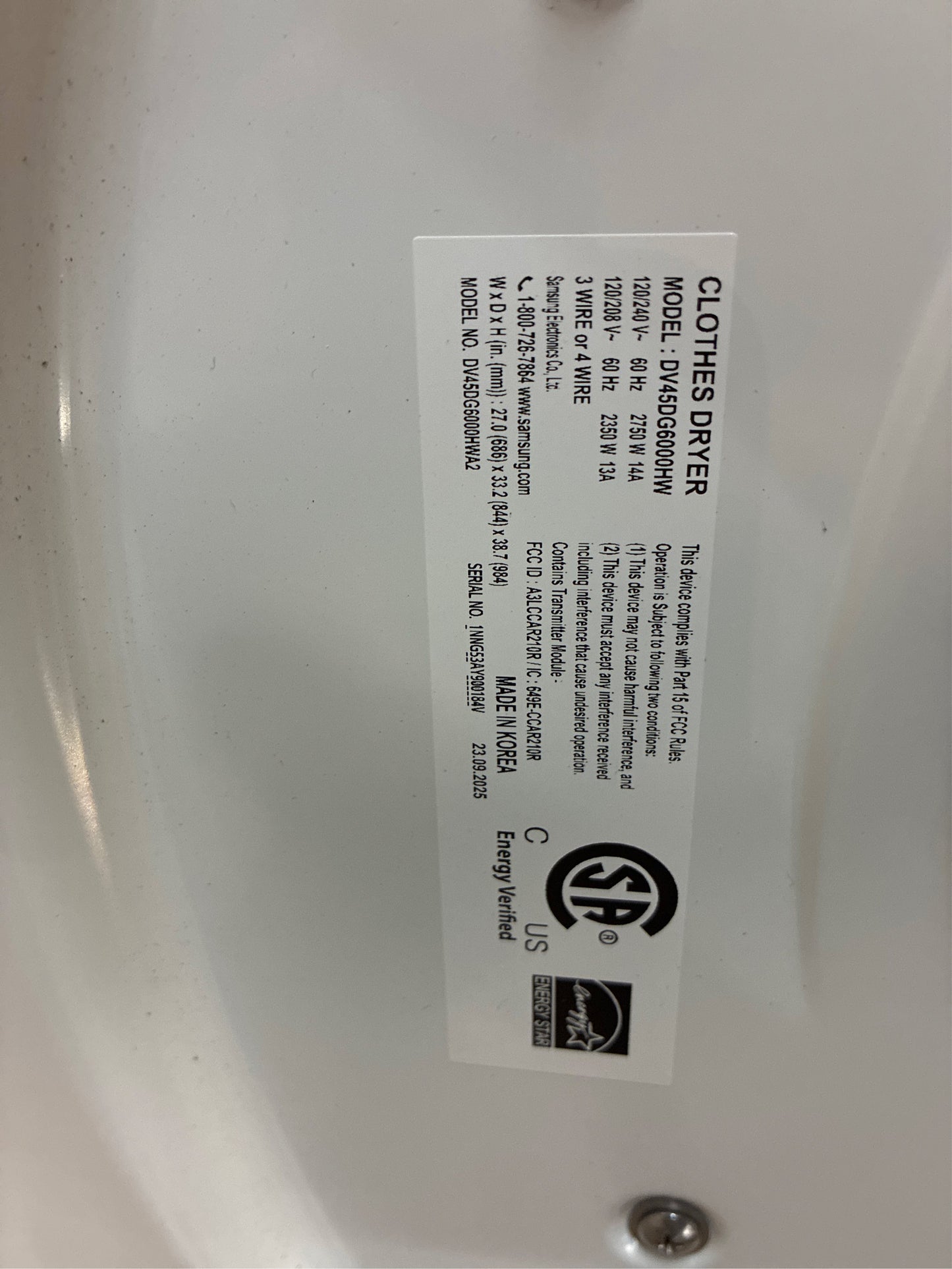 Samsung 7.5 cu ft Stackable Heat Pump Dryer, White