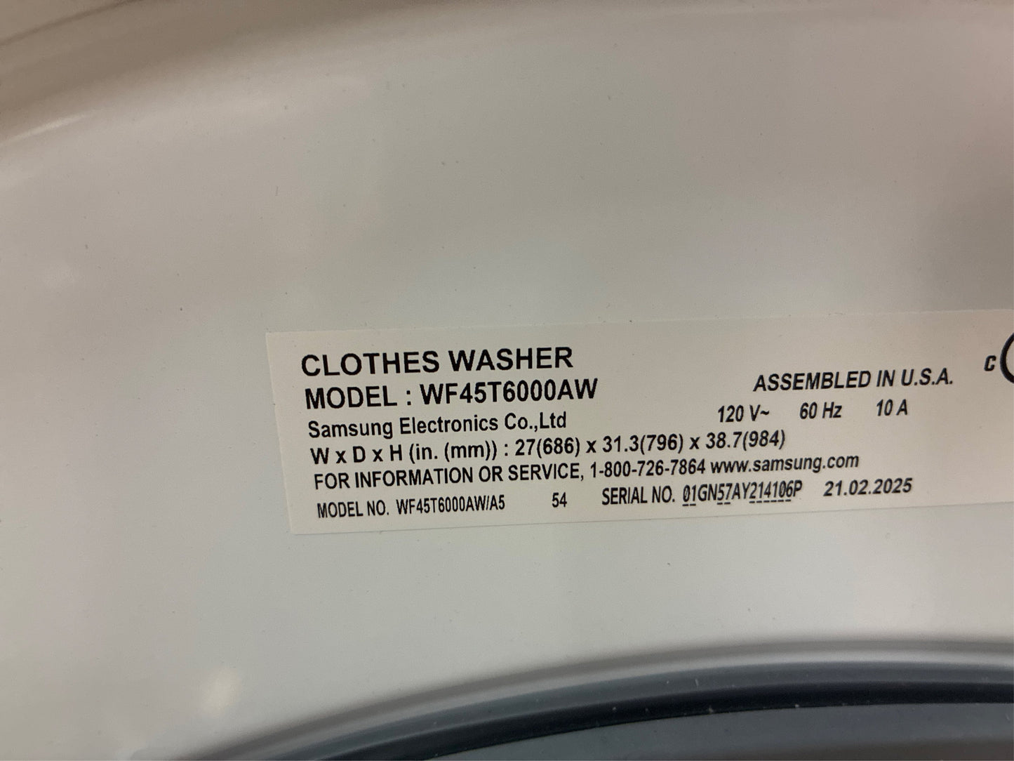 Samsung 4.5 cu. ft. Front Load Washer, White