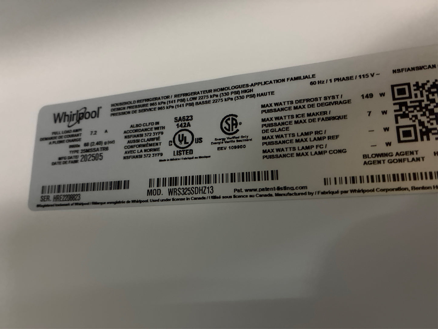 Whirlpool Side by Side Fridge:WRS325SDHZ