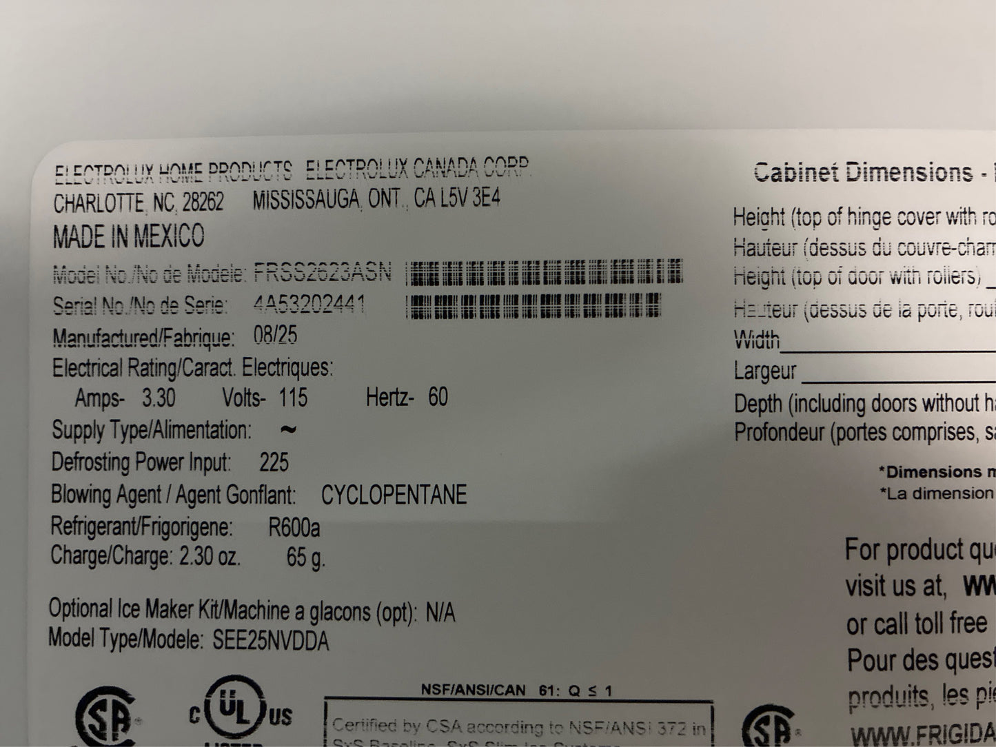 Frigidaire 36 in. 25.6 cu. ft. Refrigerator