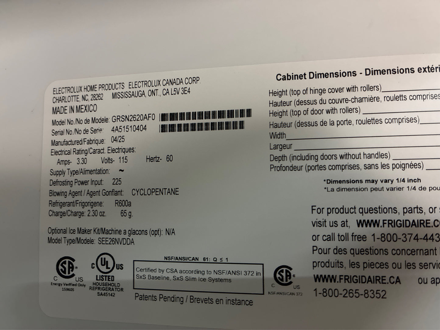 Frigidaire Gallery 36" 26 cu.ft. Side-by-Side Refrigerator