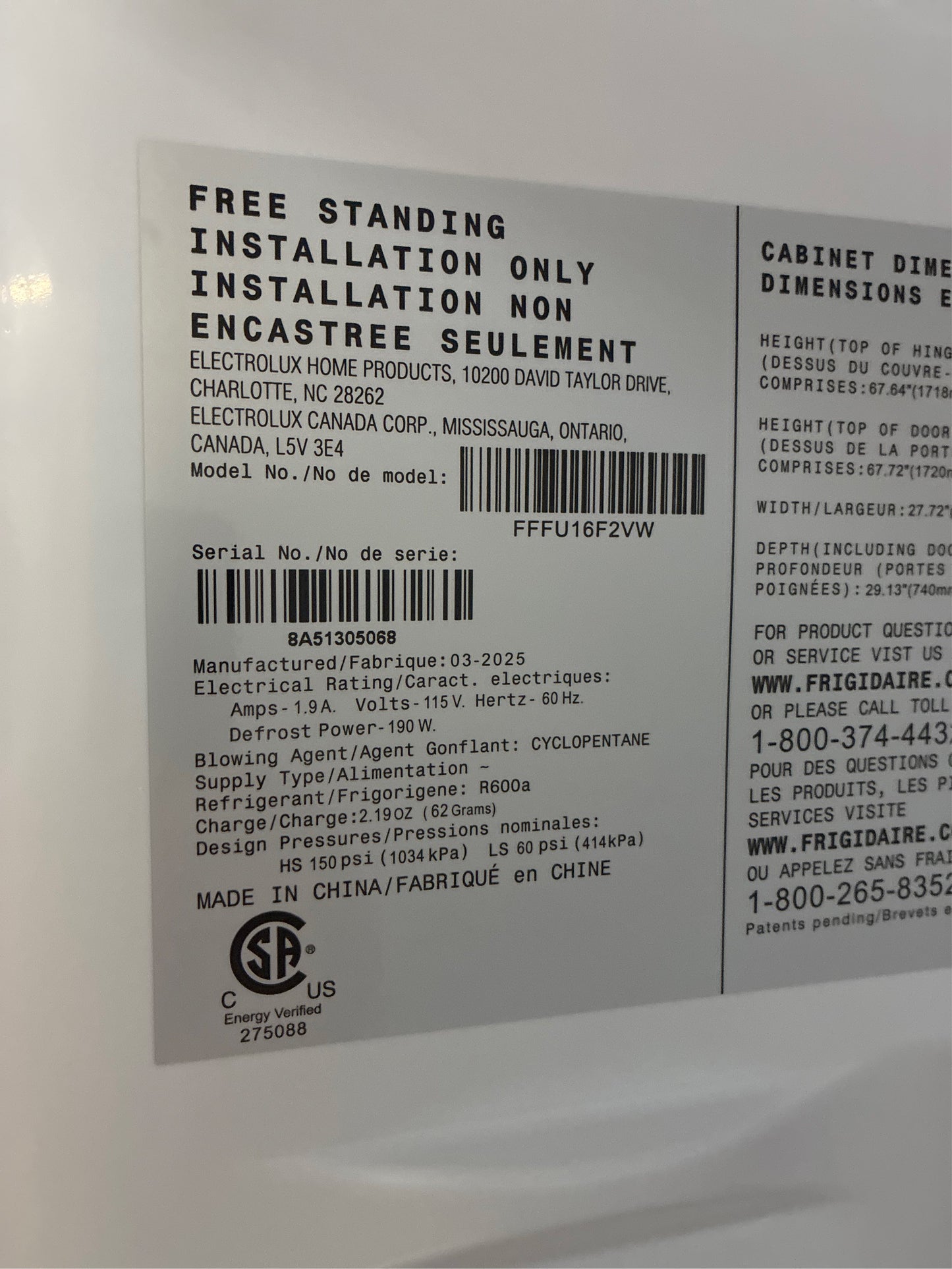 Frigidaire 27.8in 16 cu.ft Frost Free Freezer