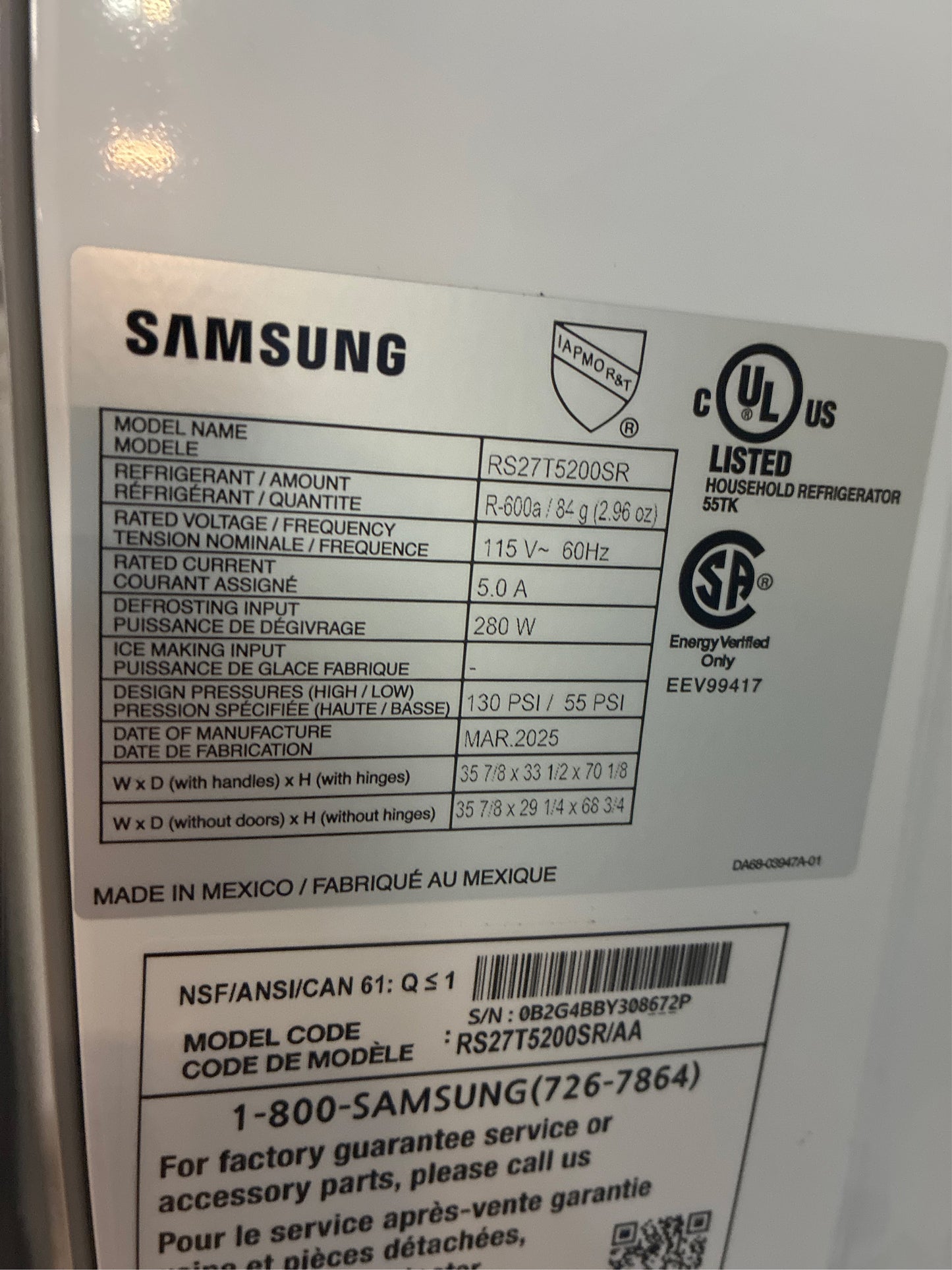 Samsung 36 in. Side by Side Refrigerator