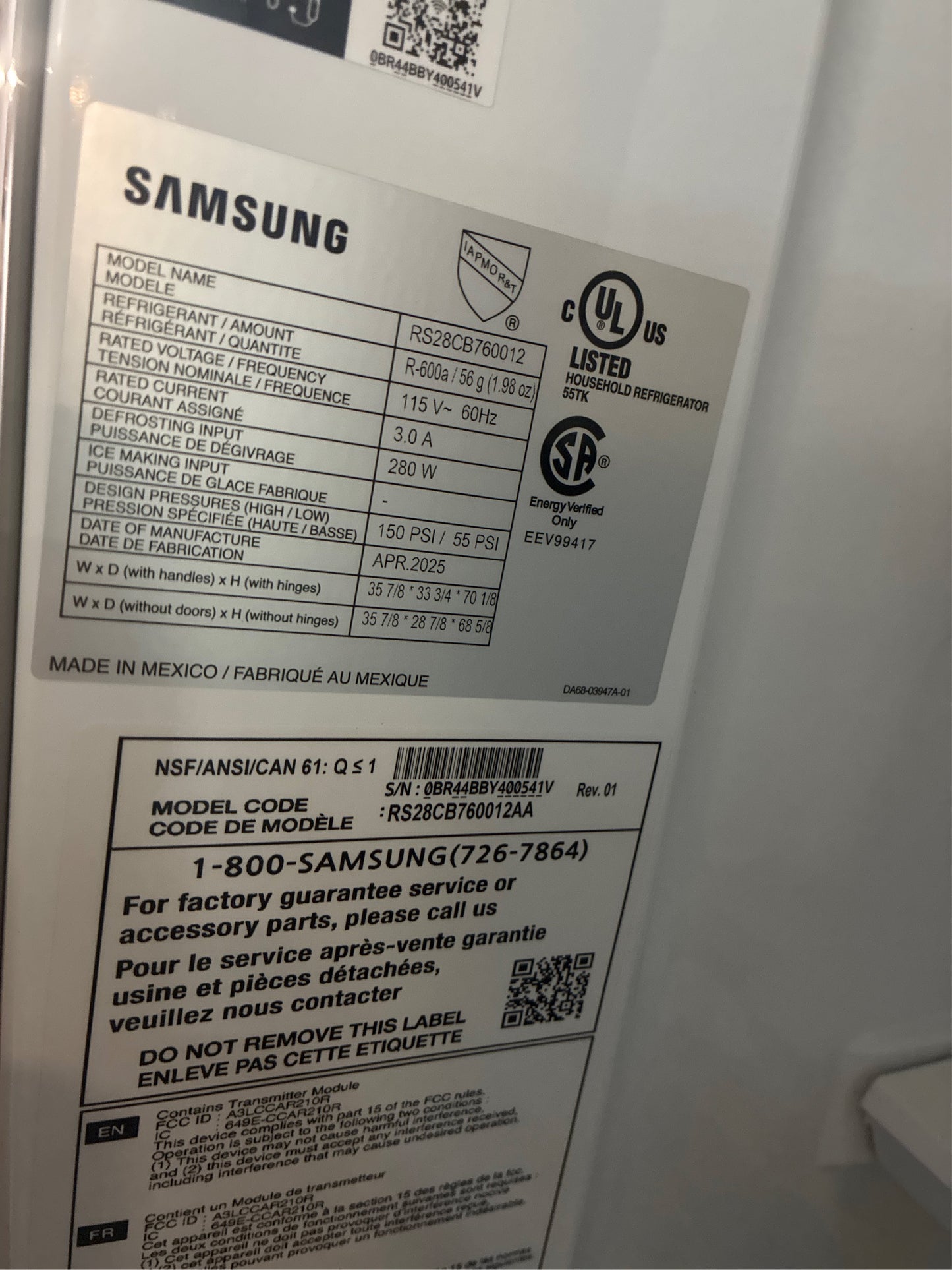 Samsung Bespoke 36" W 28 cu ft SXS Refrigerator White