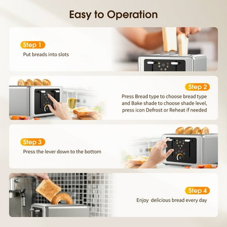 WHALL Touchscreen Toaster 4 Slice - Steel