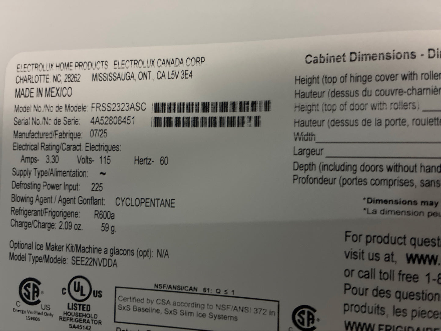 Frigidaire 22.3 cu ft Side-by-Side Refrigerator