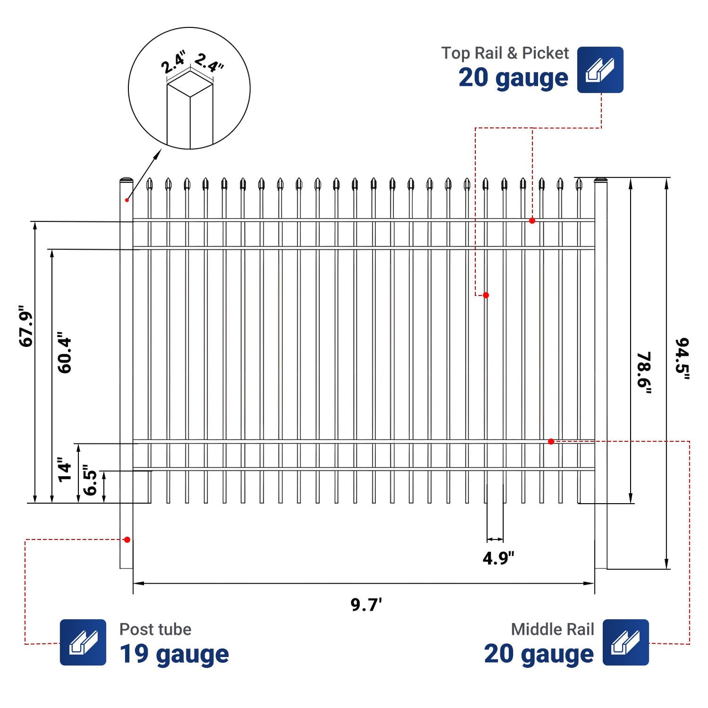 10x7 ft Steel Fence with 4 Rails, 30 Panels