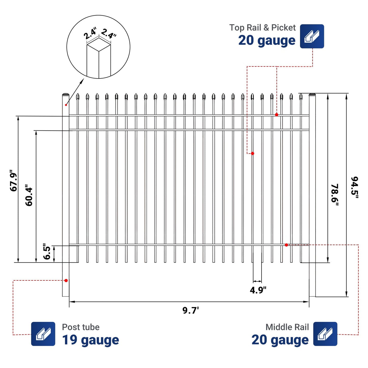 10x7 ft Steel Fence with 3 Rails, 30 Panels