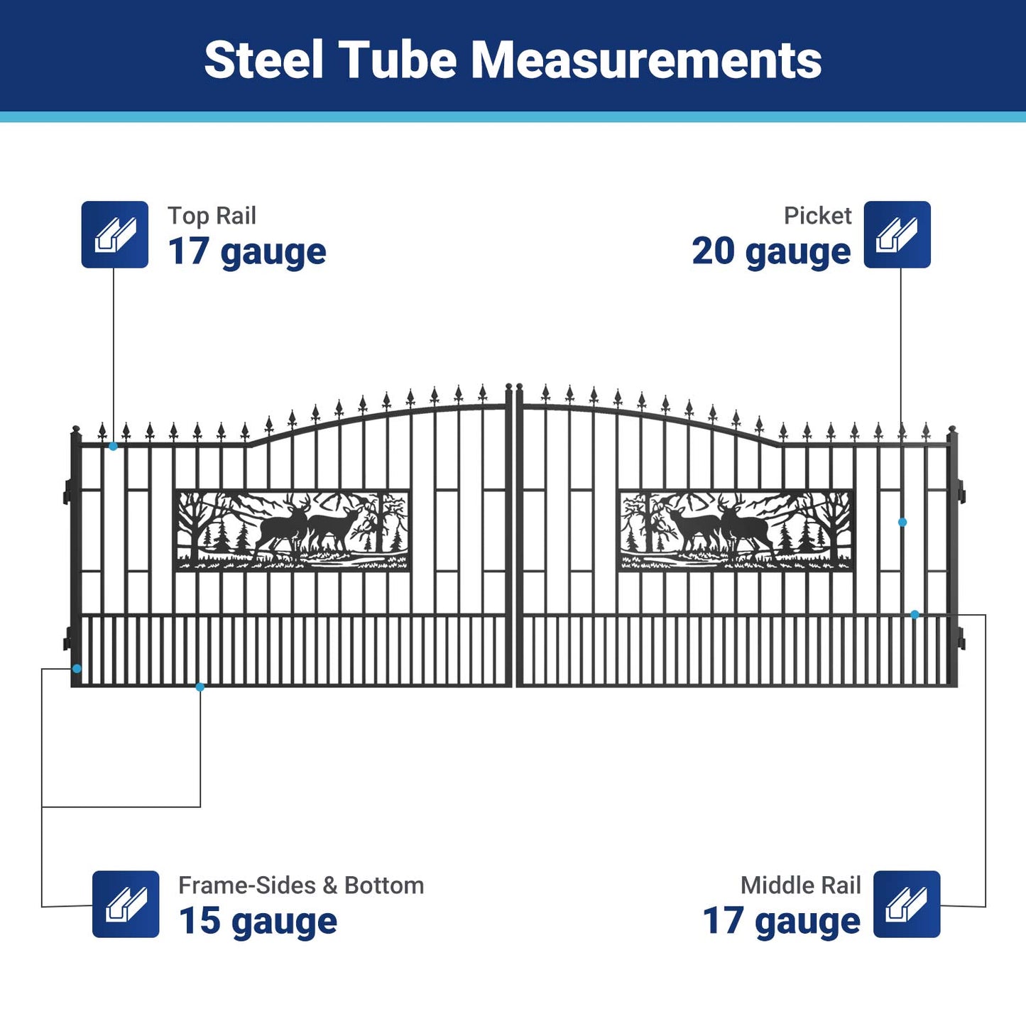 18x7 ft Steel Dual Swing Driveway Gate with Rectangular Deer Pattern