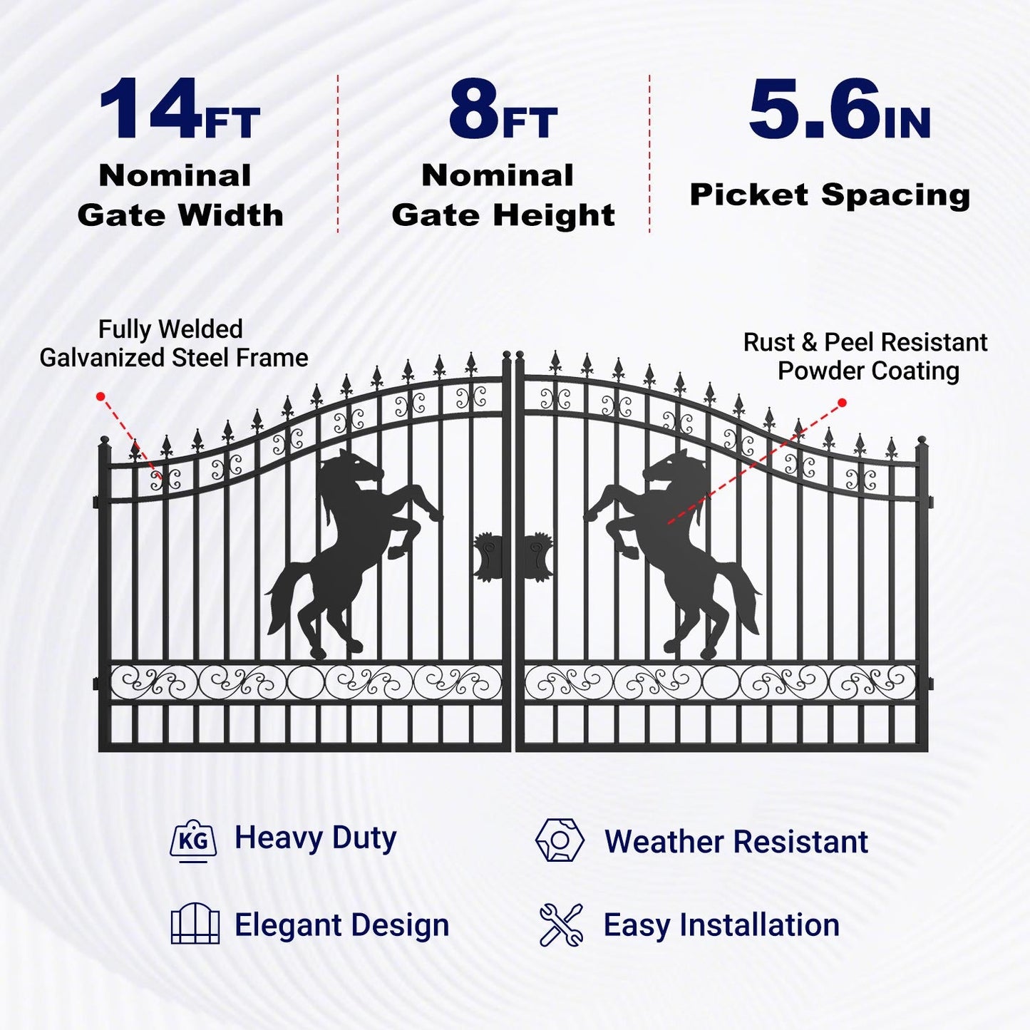14x8 ft Steel Dual Swing Driveway Gate with Horse Pattern