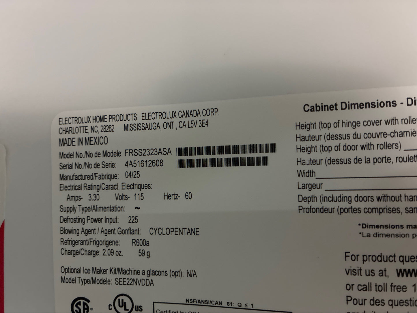 Frigidaire 33" 22.3 cu. ft. Side by Side Refrigerator