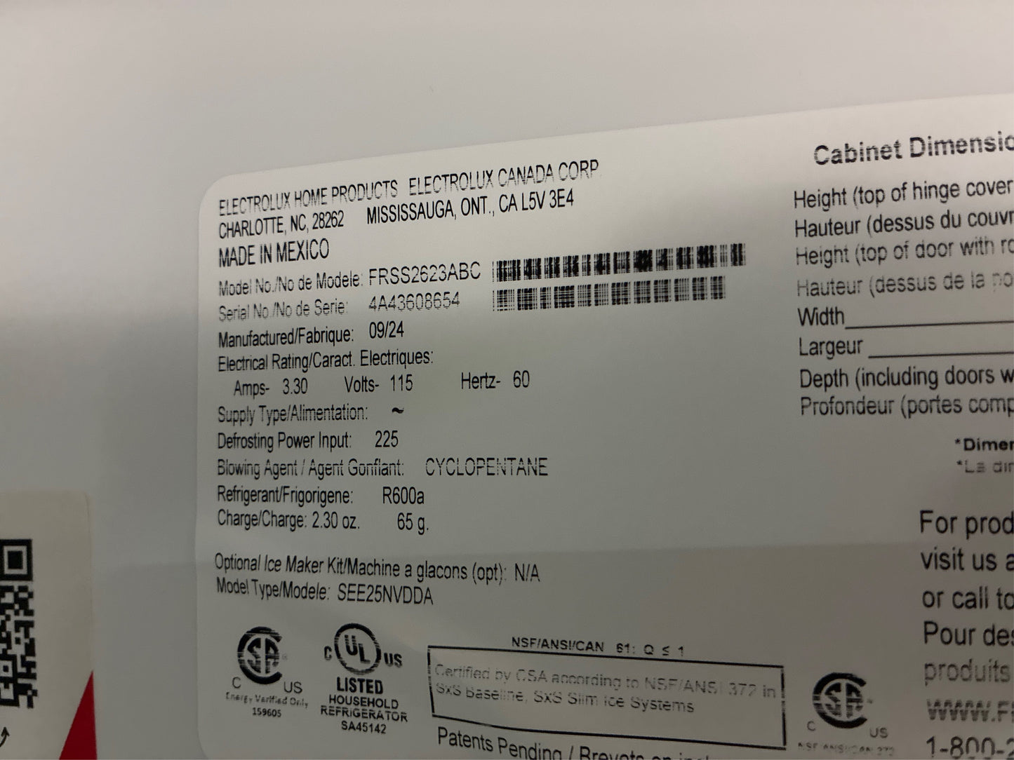 Frigidaire 36 in. 25.6 cu. ft. Side by Side Refrigerator - Black