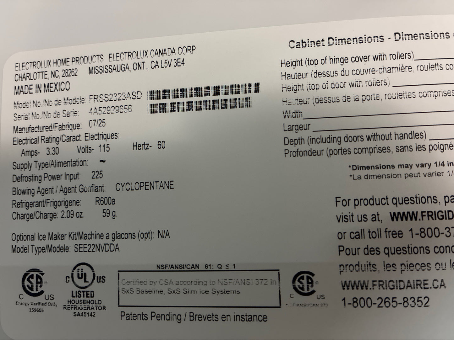 Frigidaire 33in. 22.3 cu.ft. Side by Side Refrigerator