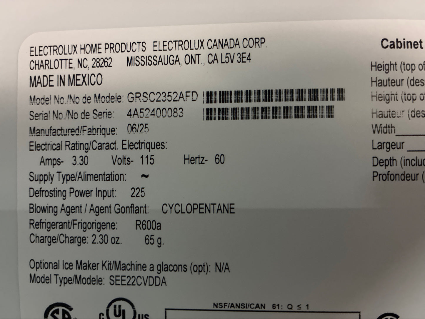 Frigidaire Gallery 36 in. 22.3 cu. ft. Refrigerator