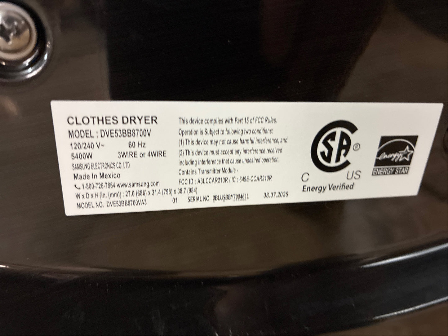 Samsung Bespoke 7.6 cu. ft. Vented Electric Dryer Black