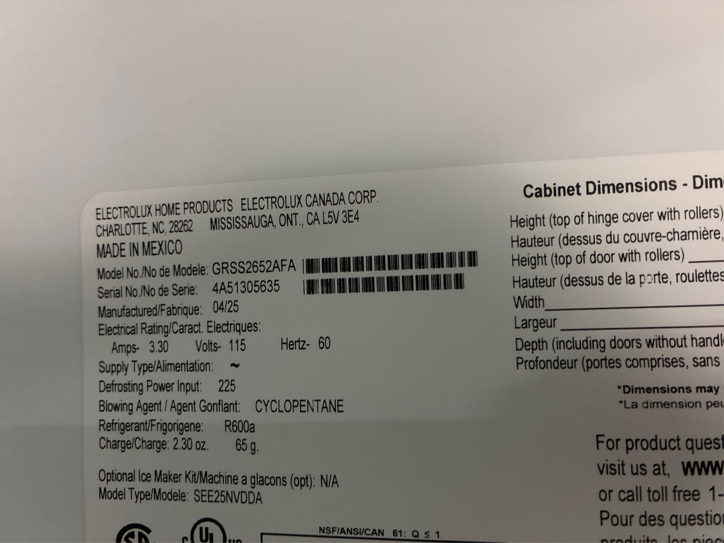 Frigidaire 25.6 Cu. Ft. Side by Side Refrigerator