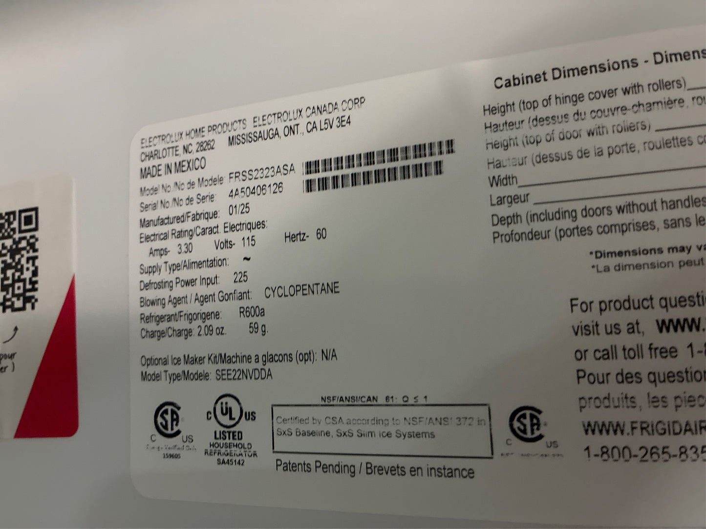 Frigidaire 33 in. 22.3 cu. ft. Side by Side Refrigerator