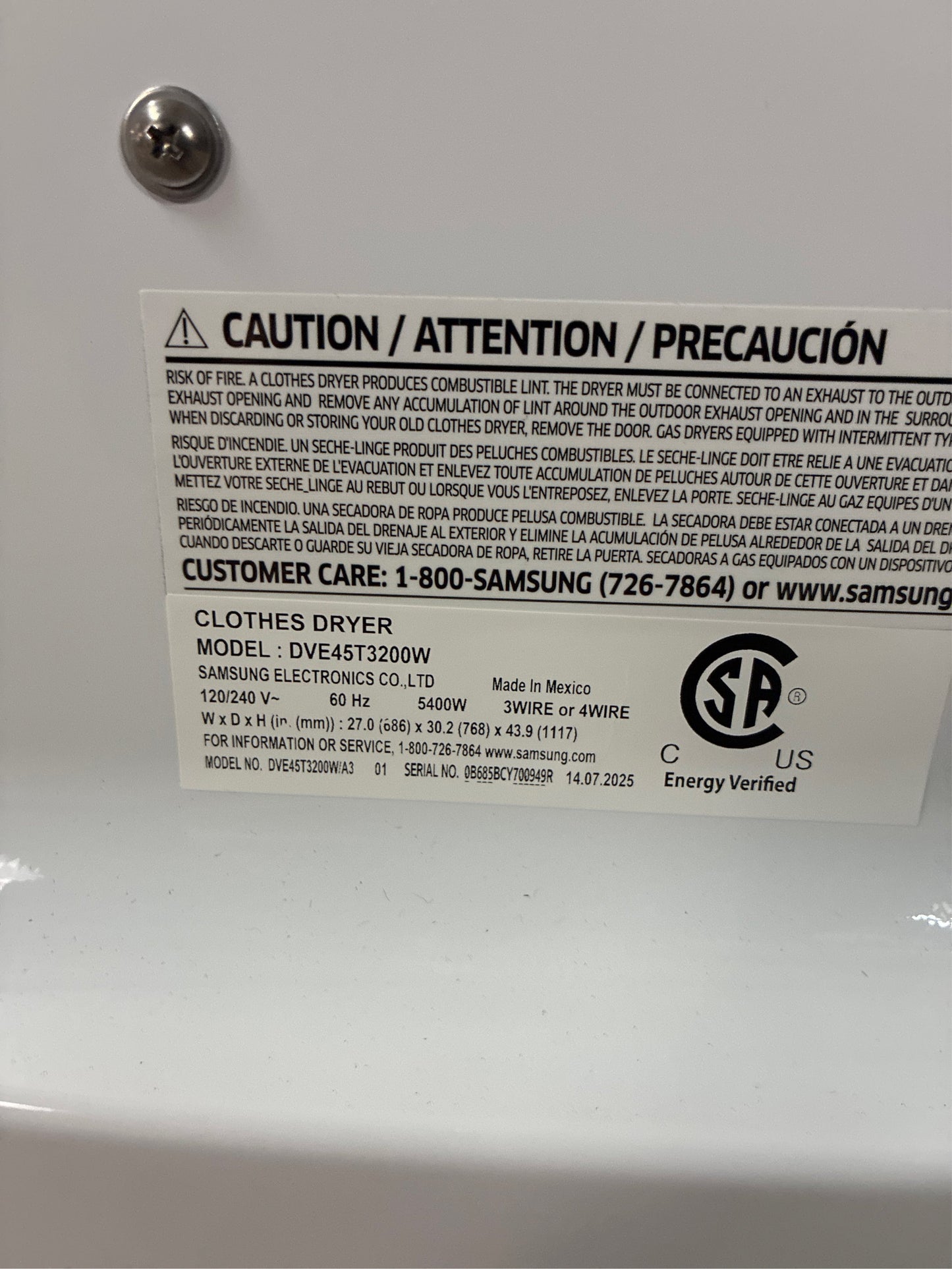 Samsung 7.2 cu.ft. Vented Electric Dryer White