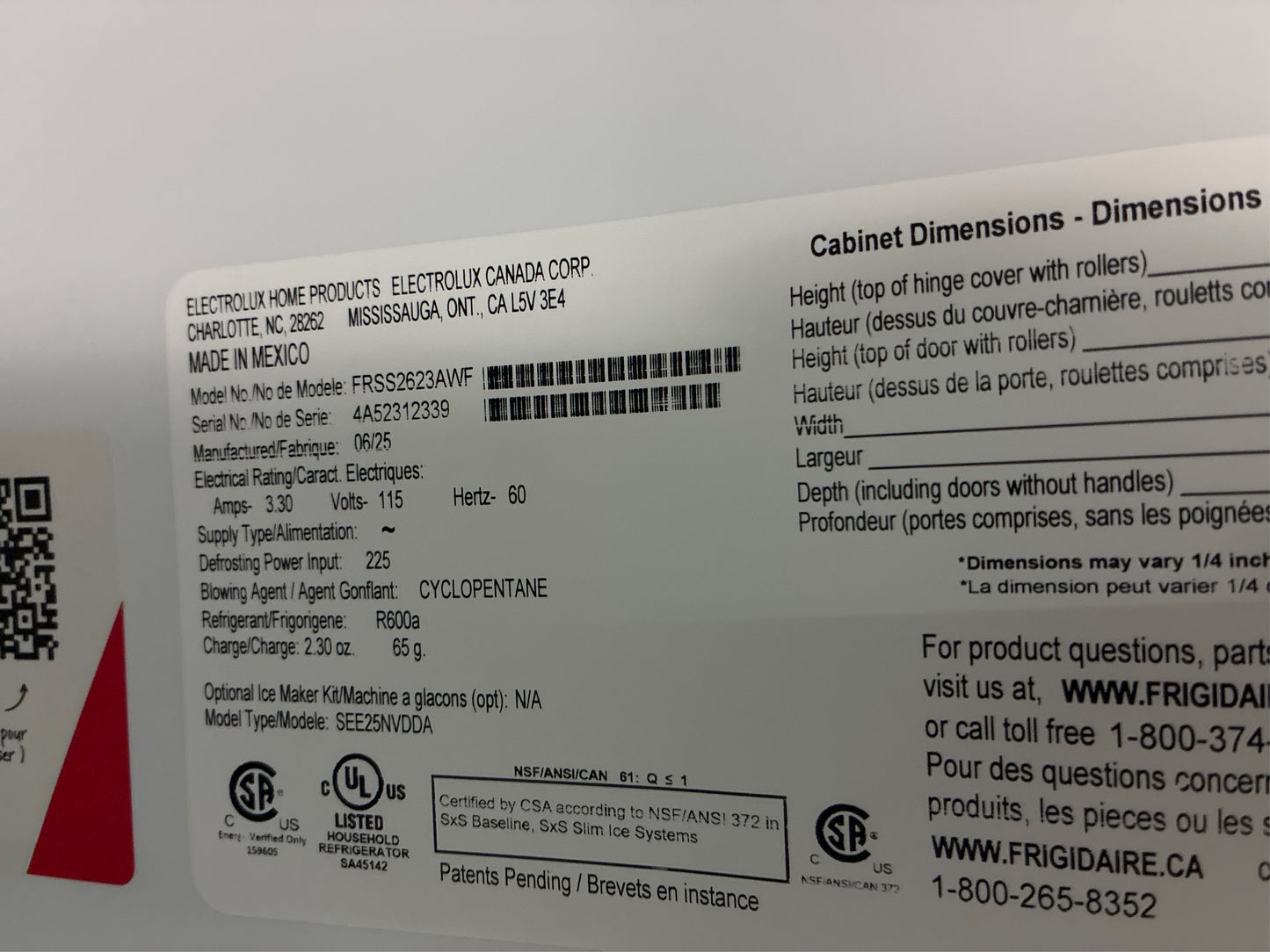 Frigidaire 36 in. 26 cu. ft. Side by Side Refrigerator