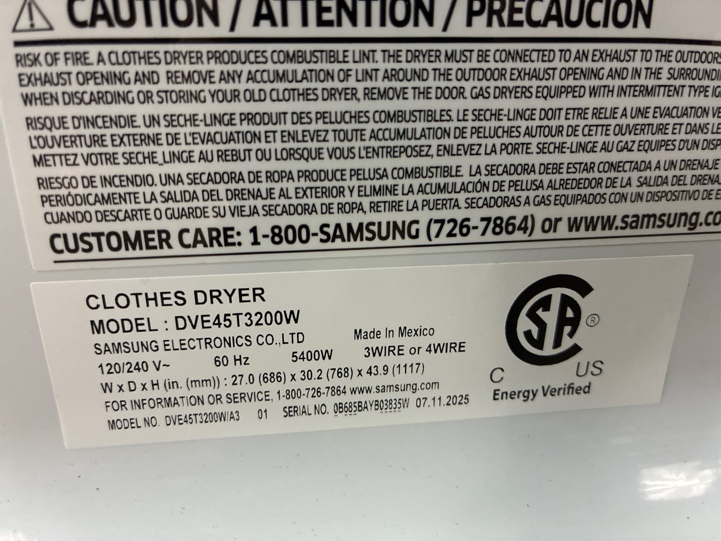 Samsung 7.2 cu.ft Vented Electric Dryer - White