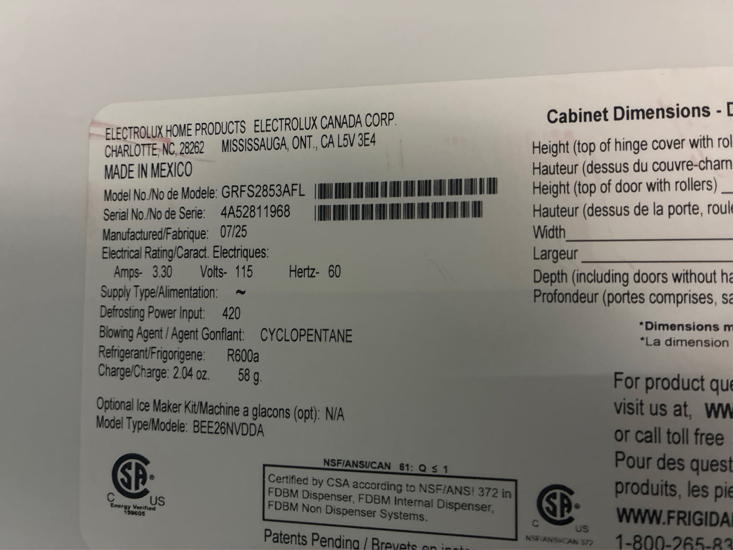 Frigidaire 27.8 cuft French Door Refrigerator