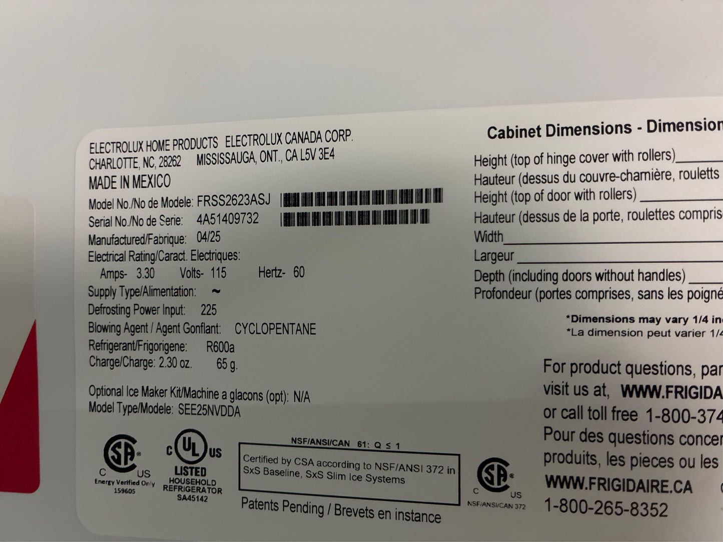 Frigidaire 36 in. 25.6 cuft Side by Side Fridge