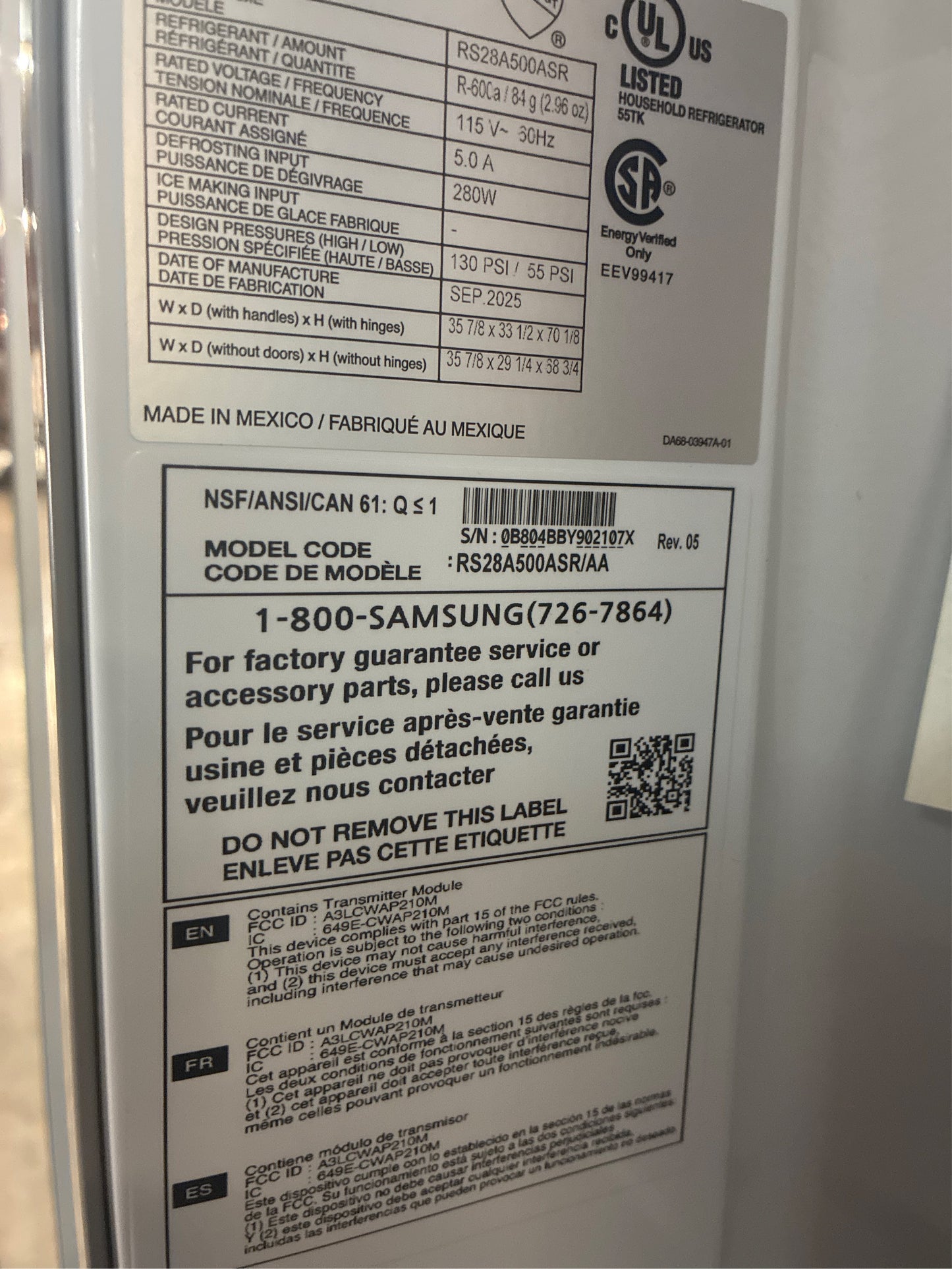Samsung 36 in. 28 cu. ft. Smart Side-by-Side Refrigerator