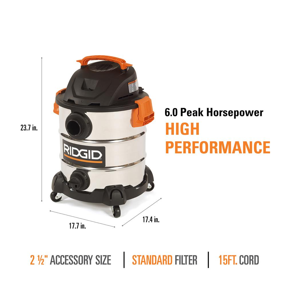 10 Gal. 6.0-Peak HP Stainless Steel Vacuum