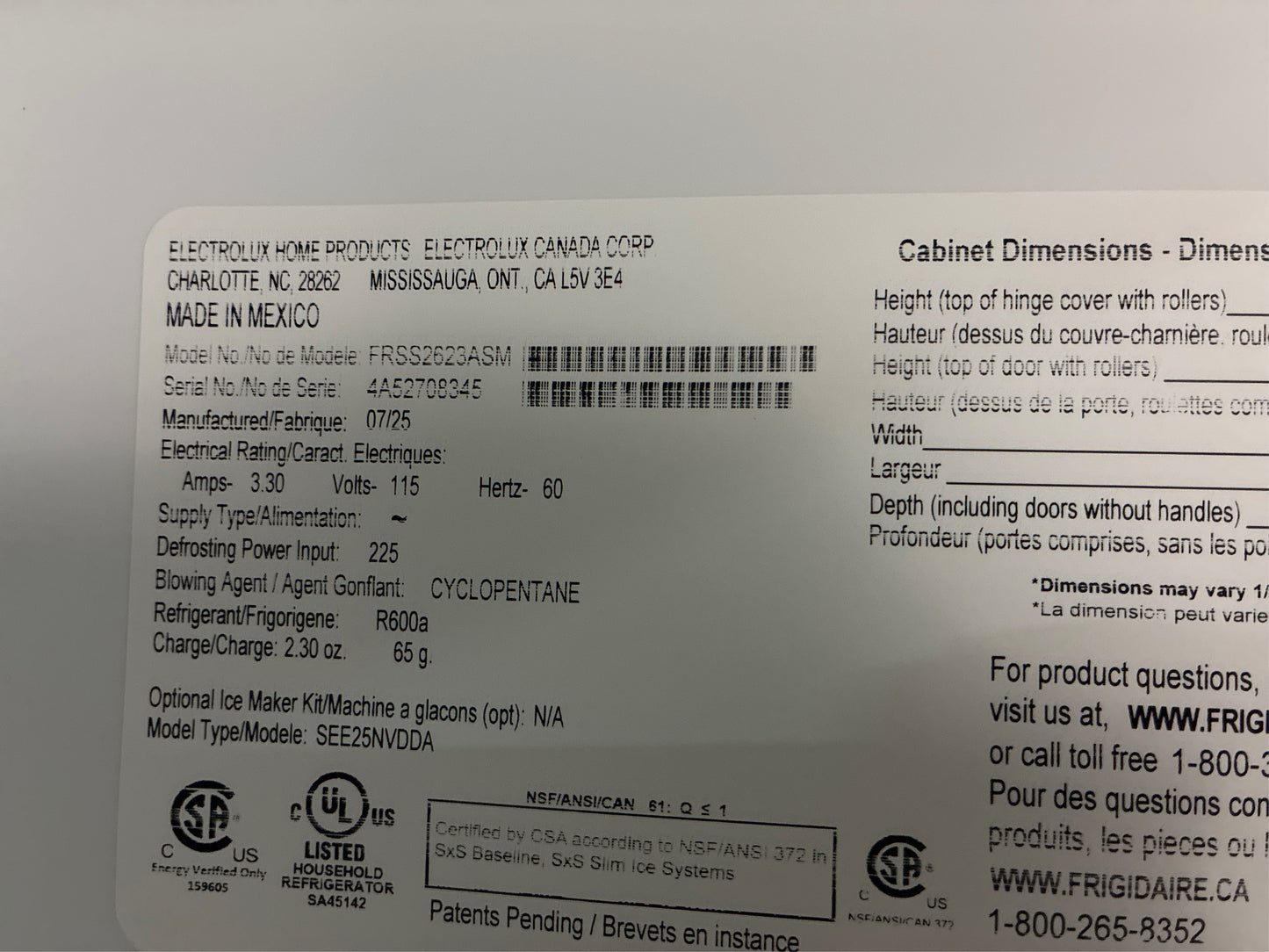 Frigidaire 36 25.6 cu. ft. Side by Side Fridge