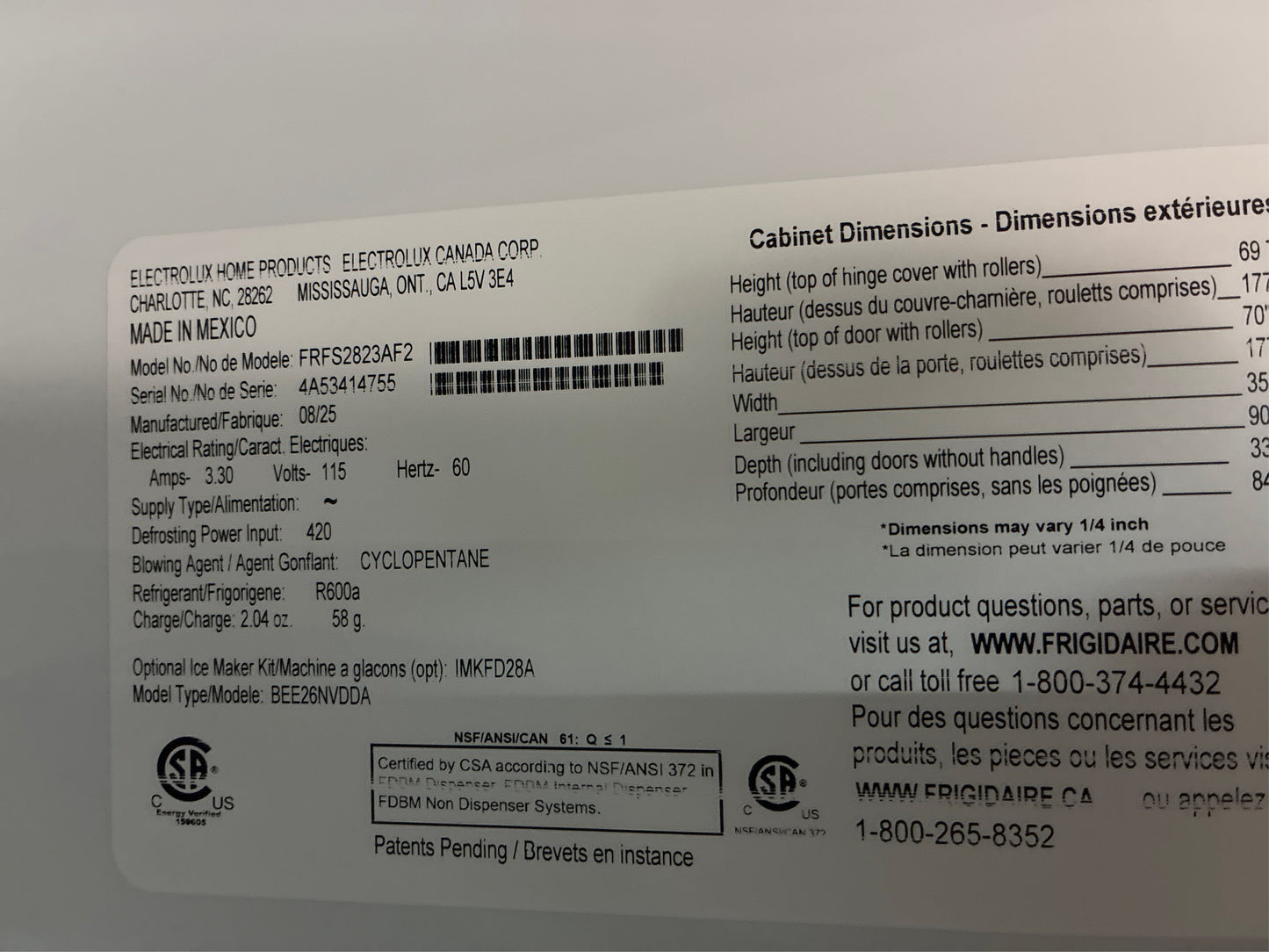 Frigidaire 28 CuFt French Door Refrigerator ENERGY STAR