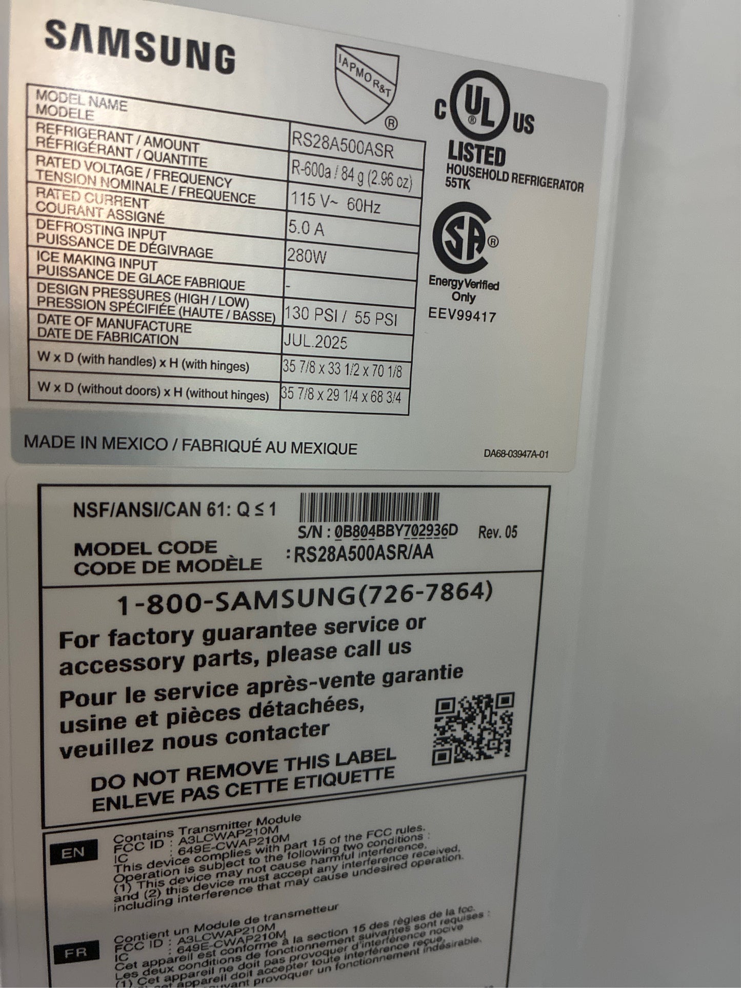 Samsung 36 in. 28 cu. ft. Smart Side-by-Side Refrigerator Stainless Steel