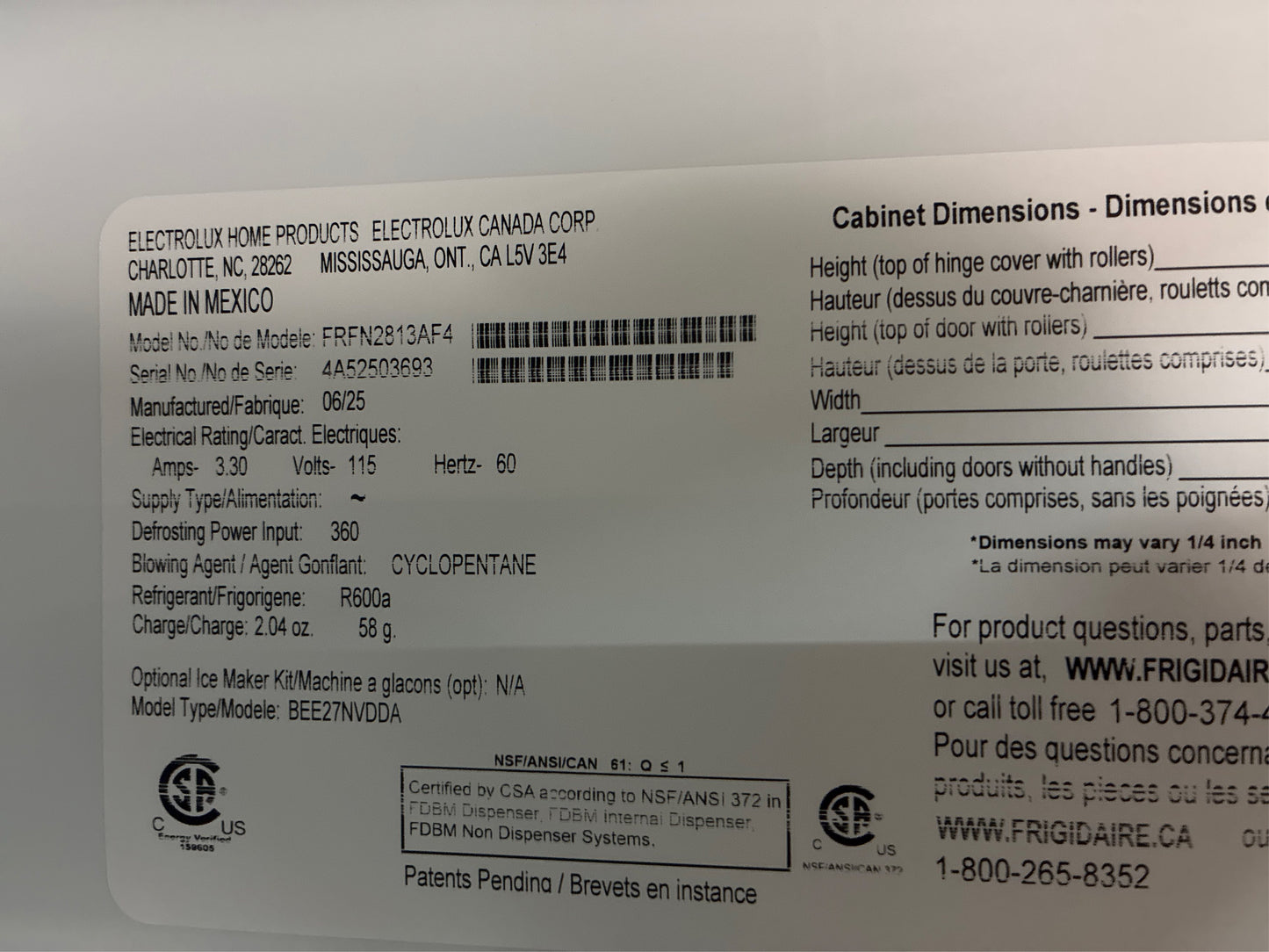 Frigidaire 36" French Door Refrigerator —28.8 cu ft