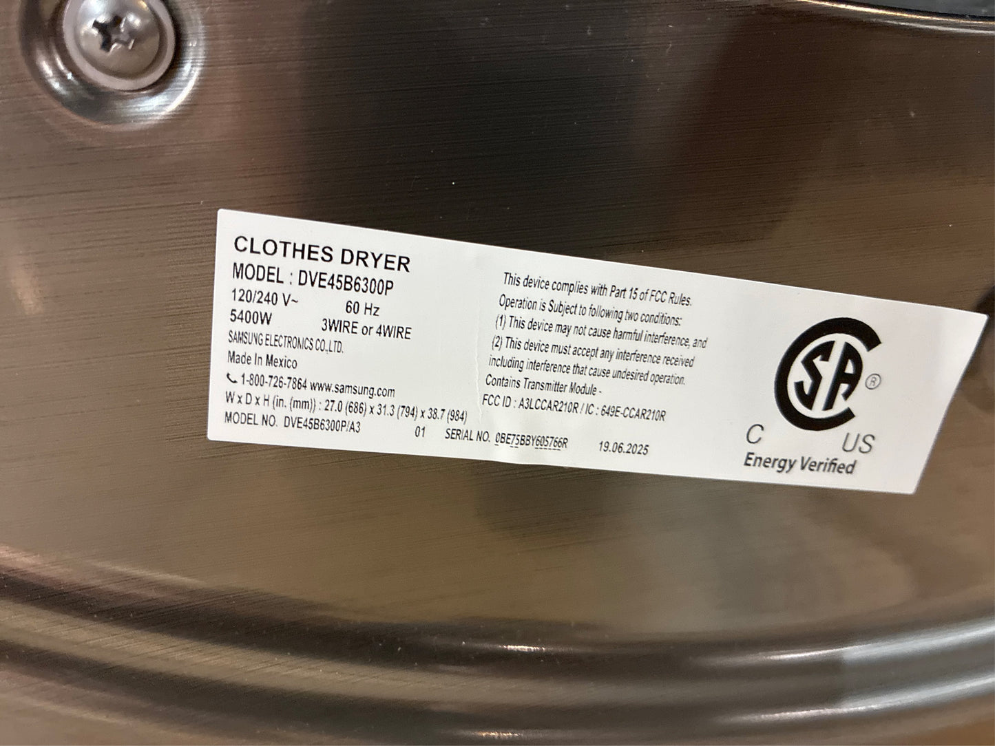 Samsung 7.5 cuft Smart Stackable Electric Dryer with Steam