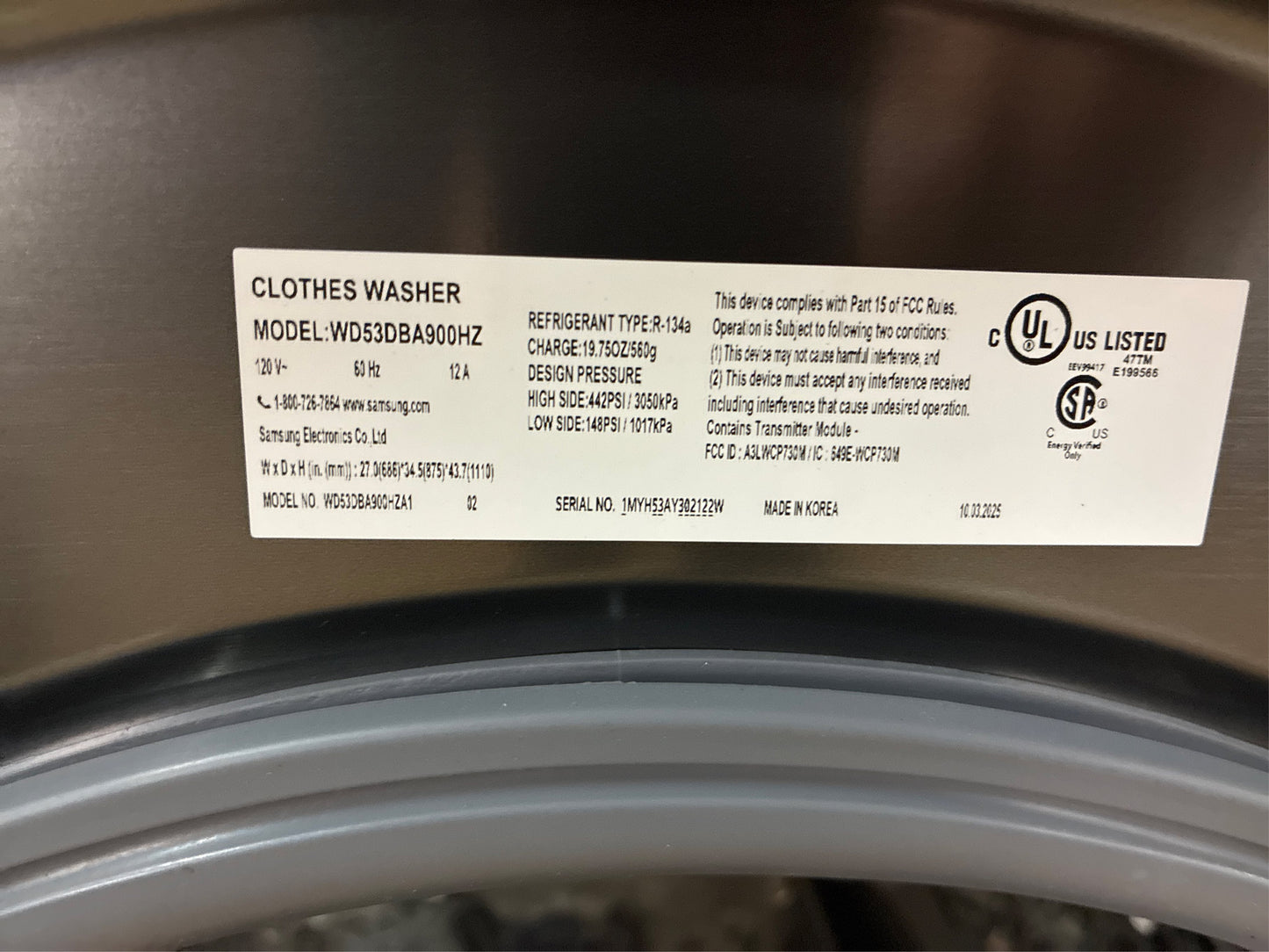 Samsung Bespoke 5.3 cu ft All-In-One Washer Dryer Combo