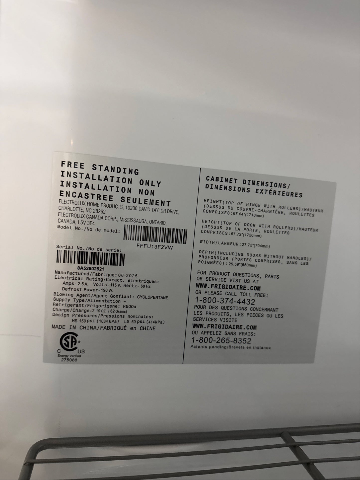 27.8" Frigidaire Upright Freezer, 13 cu ft, Frost Free
