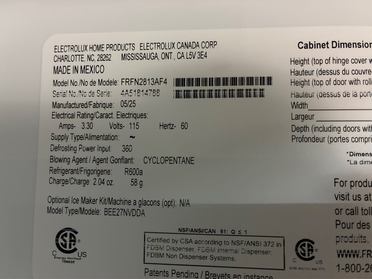 Frigidaire 36" French Door Refrigerator —28.8 cu ft