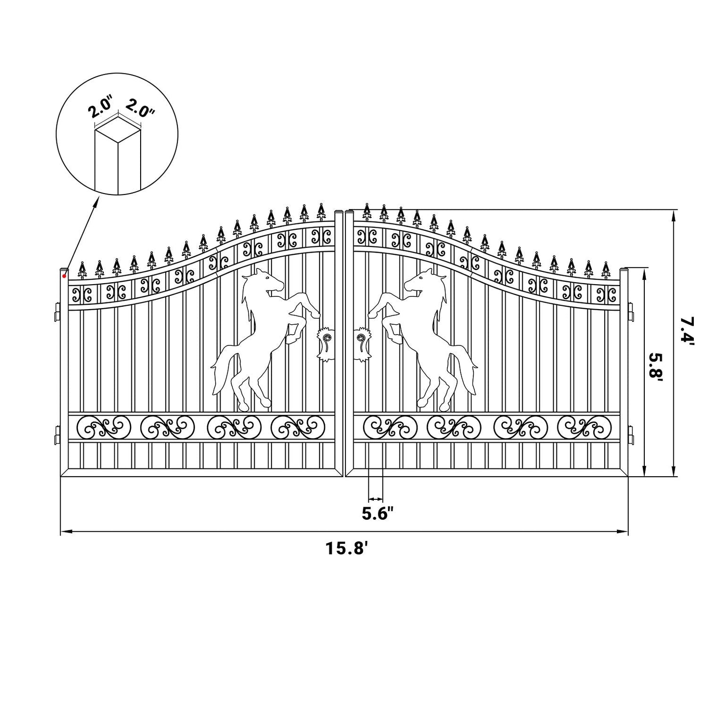 16x7 ft Steel Dual Swing Driveway Gate with Horse Pattern