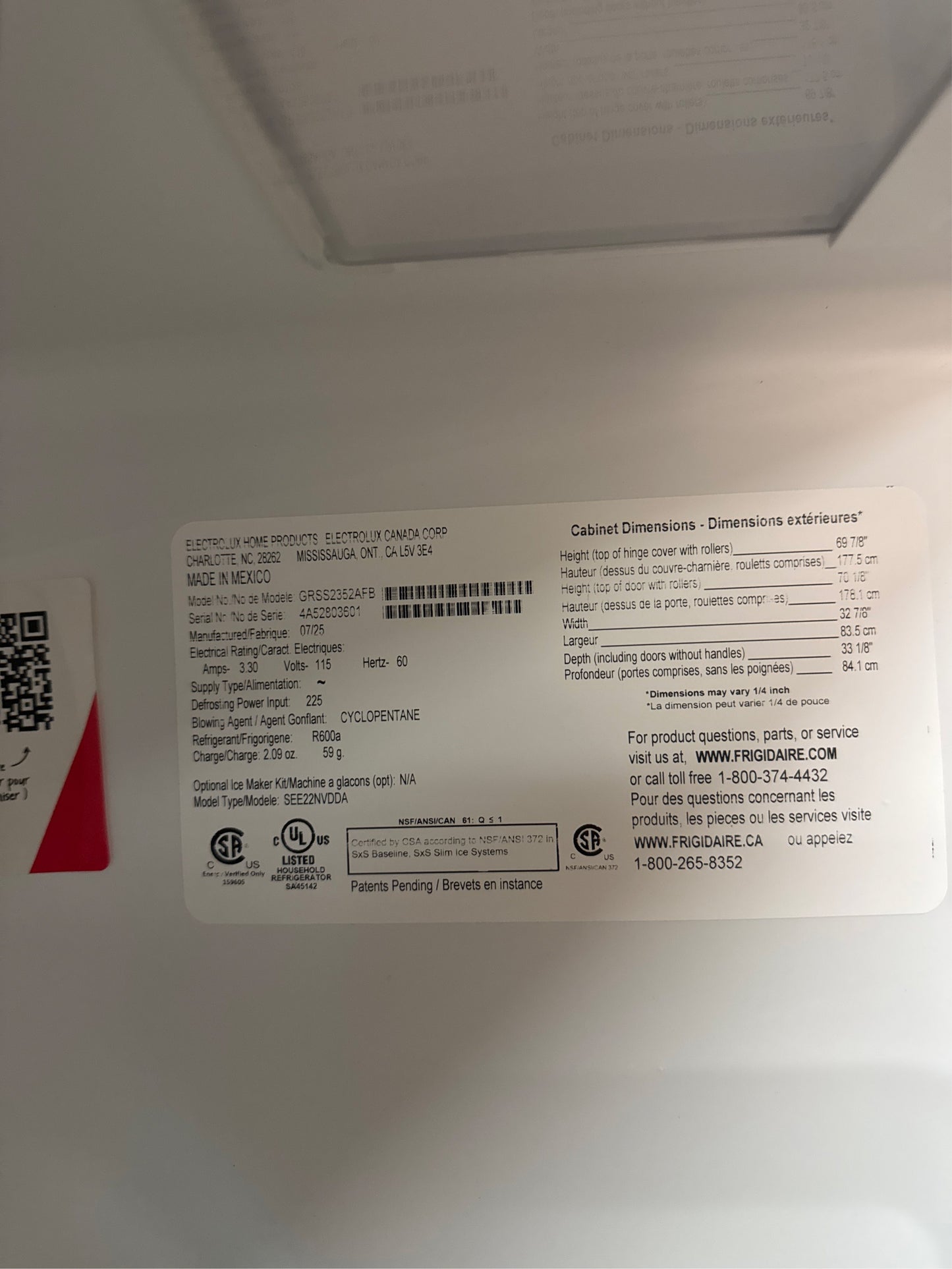 Frigidaire 22.3 cuft. 33 in. Side by Side Refrigerator