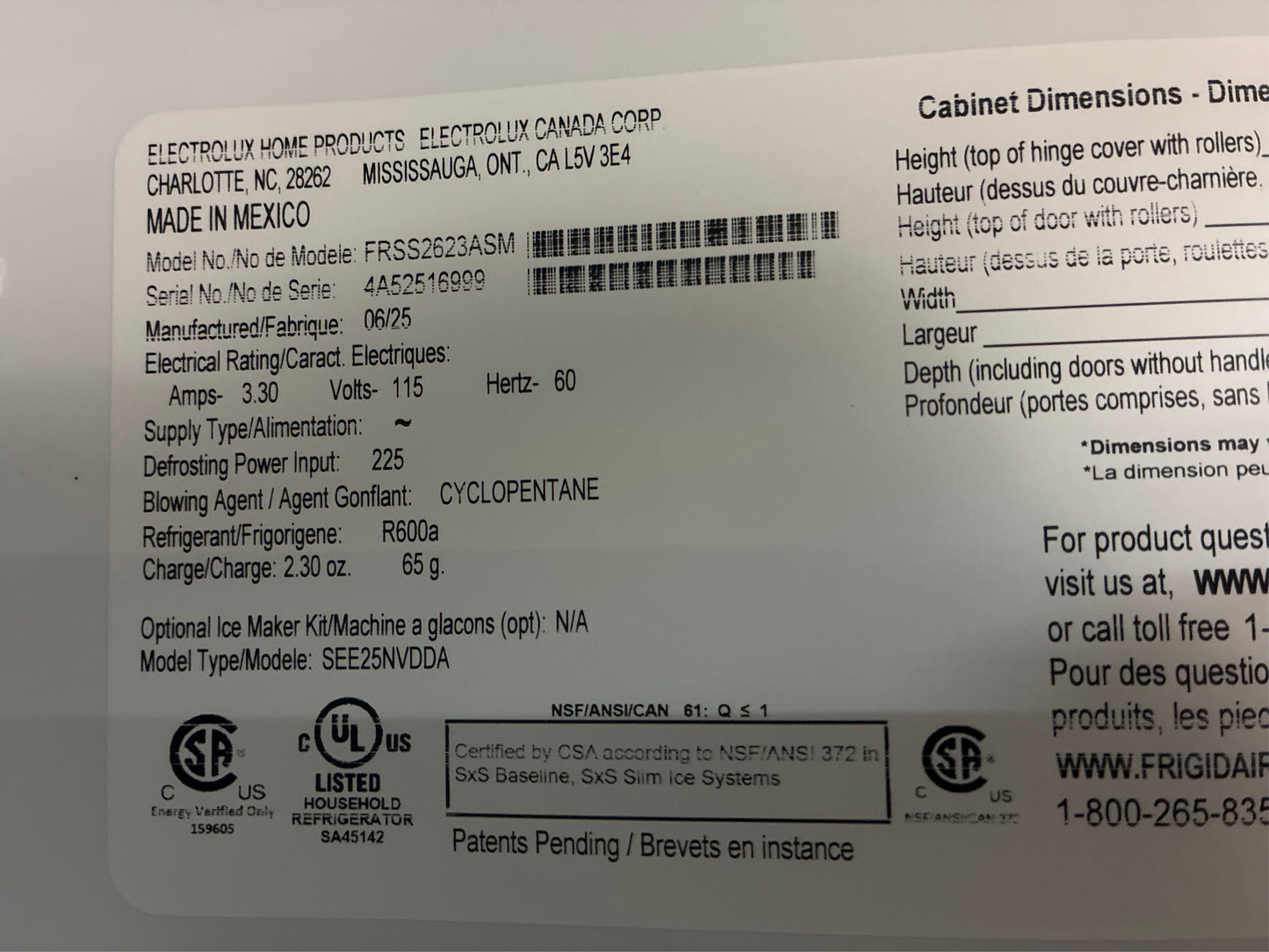 Frigidaire 36 in. Side-by-Side Refrigerator, 25.6 cu ft, SS