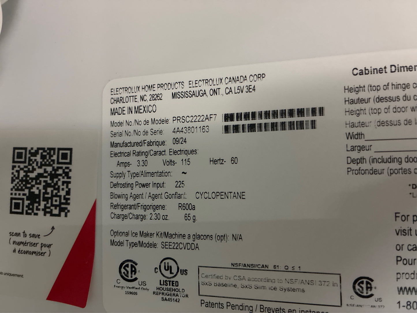 Frigidaire 36 in. 22.3 cu. ft. Side-by-Side Refrigerator