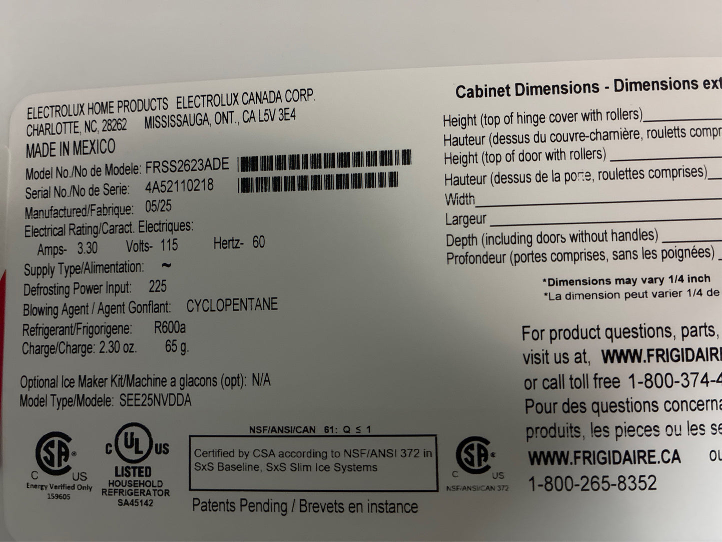Frigidaire Black Stainless 36" SxS Refrigerator, 25.6 cu ft